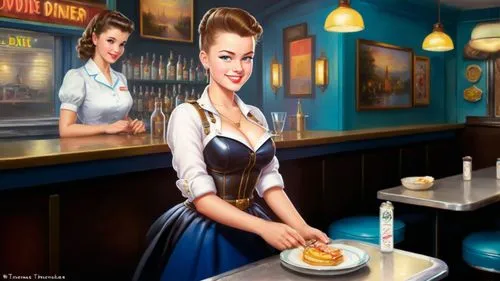 Romantic kitsch masterpiece oil painting, cute waitress girl portrait, 1 girl, classic 1950's style diner, nostalgic retro vintage scenery, by Thomas Kinkade, high res,waitress,retro diner,waitresses,