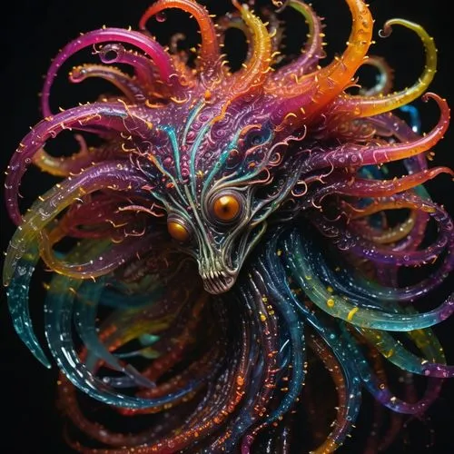 painted dragon,medusa gorgon,fairy peacock,alebrije,phoenix rooster,peacock,zoa,fractalius,colorful spiral,neon body painting,lion fish,khaldei,calambro,medusa,water creature,colorful horse,png sculpture,artabazus,chameleon abstract,fantasy animal,Illustration,Realistic Fantasy,Realistic Fantasy 47