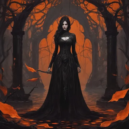 gothic woman,sorceress,halloween bare trees,the enchantress,gothic portrait,crow queen,dark elf,vampire woman,goth woman,fantasy picture,the witch,fantasy portrait,gothic dress,vampire lady,dark gothic mood,dark art,fantasy art,halloween background,gothic,rosa ' amber cover,Conceptual Art,Fantasy,Fantasy 34