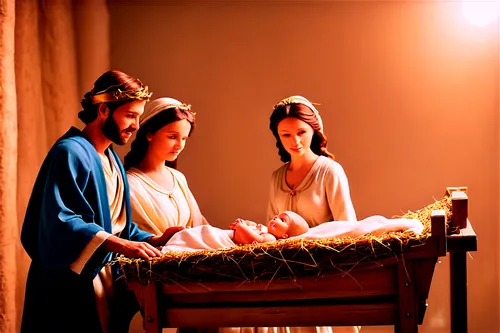 Nativity scene, holy family, Mary, Joseph, baby Jesus, manger, straw, hay, rustic wooden crib, soft glowing light, warm colors, gentle facial expressions, serene atmosphere, 3/4 composition, shallow d