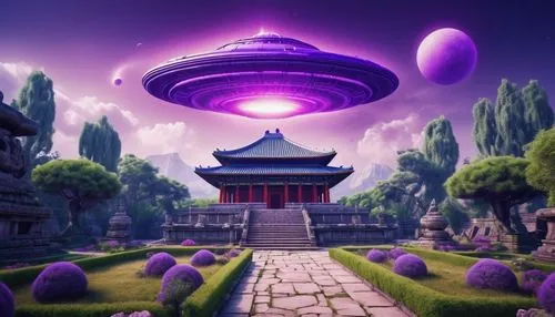 purple landscape,feng shui,cartoon video game background,alien world,the mystical path,purple wallpaper,hall of supreme harmony,wall,ancient city,chinese background,ufo,alien planet,temples,3d background,planet alien sky,ori-pei,the ancient world,temple fade,ufos,mushroom landscape,Photography,General,Realistic