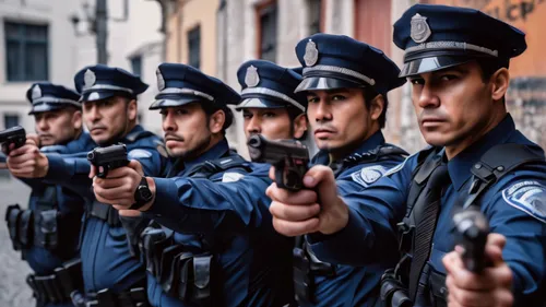 A group of policemen pointing guns at the camera,garda,police force,the cuban police,polish police,carabinieri,police uniforms,police officers,policia,criminal police,police berlin,officers,police,pol