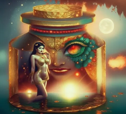 An amazing nude japanese young woman  with red lips and green eyes,the beautiful girl is standing in front of an egyptian lamp,balarama,dakini,fortuneteller,varekai,chandraswamy,krsna,Illustration,Rea