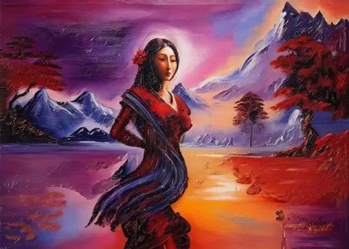 flamenca,indigenous painting,khokhloma painting,girl in a long dress,oil painting,oil painting on canvas,Illustration,Abstract Fantasy,Abstract Fantasy 14