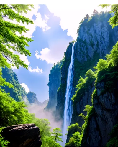 Serene nature landscape, misty mountains, lush green forest, sparkling waterfall, rugged rocks, vast blue sky, fluffy white clouds, warm sunlight filtering through trees, 3/4 composition, shallow dept