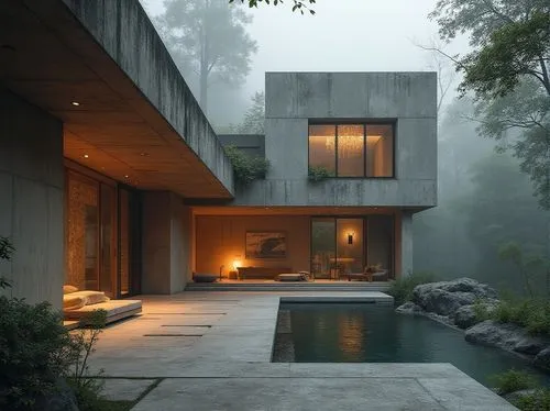 Rugged villa, brutalist architecture, raw concrete walls, exposed ductwork, industrial metal beams, reclaimed wood accents, natural stone flooring, oversized windows, dramatic cantilevered roofs, mini