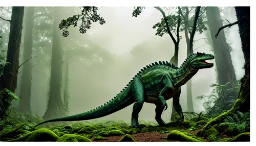 Dinosaur, green scaly skin, sharp teeth, powerful legs, long tail, prehistoric era, ancient forest, misty atmosphere, morning light, low angle shot, dramatic composition, warm color tone, HDR effect.,