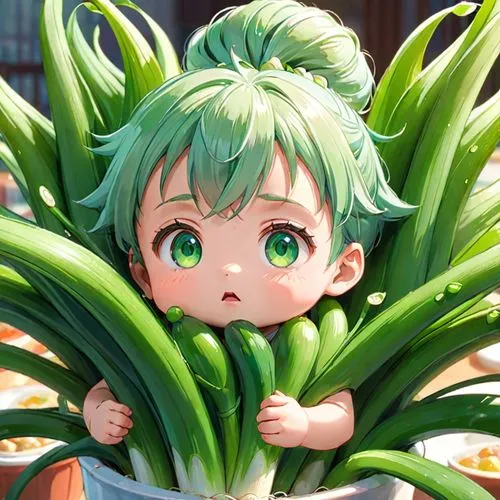 一個可愛Q版凝人的青蔥寶寶,the little girl is holding some plants in her hand,pinya,yotsuba,bellpepper,kawaii vegetables,spinach,amami,Anime,Anime,Traditional