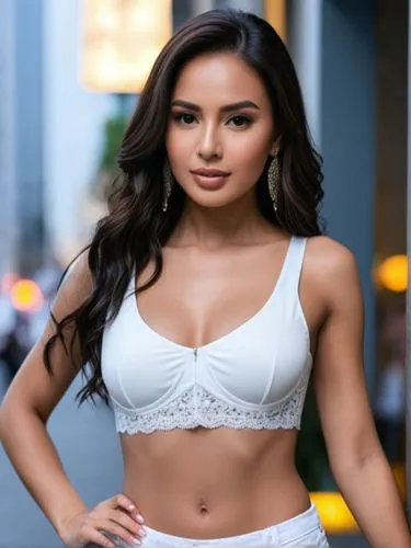 The scene takes place in a busy city. High resolution, background very blurred.,a woman in lingerie stands with her arms on her hips,filipino,laotian,filipina,jasmine sky,mexicana,salvadorian,Photogra