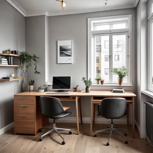 modern Scandinavian style office ,a desk has two chairs and a computer on it,blur office background,wooden desk,working space,office desk,danish room,modern office,furnished office,desk,danish furnitu