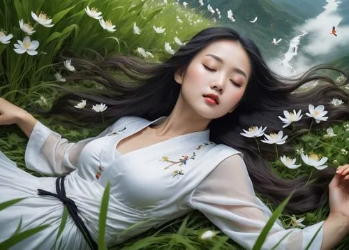 girl lying on the grass,falling flowers,scent of jasmine,girl in flowers,the sleeping rose,jasmine blossom,fantasy picture,white blossom,lily of the field,idyll,lilly of the valley,chinese art,wild jasmine,world digital painting,lotus flowers,oriental painting,lotus blossom,grass blossom,gracefulness,girl in the garden,Conceptual Art,Fantasy,Fantasy 03