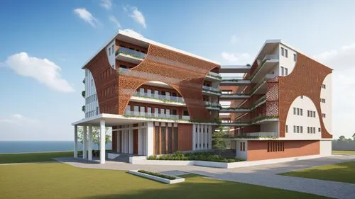 
Create a render of a university exterior façade featuring a contemporary yet traditional design. The building’s façade is predominantly brick, with intricate jaali patterns integrated into the brickw