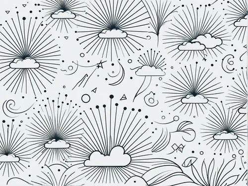 black and white seamless clouds and stars in the sky,umbrella pattern,vector pattern,background pattern,snowflake background,dandelion background,wood daisy background,Illustration,Black and White,Bla