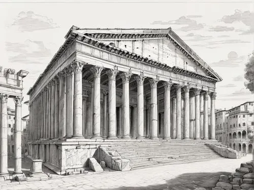 capitolium,roman temple,temple of diana,palladian,pantheon,doric columns,peristyle,glyptothek,stoa,the parthenon,the forum,roman forum,baalbek,piranesi,caesonia,greek temple,roman columns,panagora,ancient rome,parthenon,Illustration,Black and White,Black and White 30