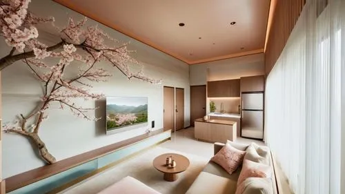 This photo showcases the living room and kitchenette of a suite in a hotel located in Puli, Taiwan, with a design that incorporates elements of spring cherry blossoms. The suite features modern furnit