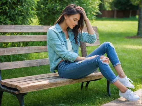 Ripped vengeance jeans, boyfriend style, high-waisted, loose fit, frayed hems, stone washed, light blue, casual wear, summer, outdoor, garden, wooden bench, green grass, sunny day, soft focus, natural