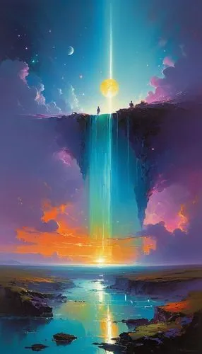 The divine elixir of love flows in luminous intergalactic streams of love.,a painting of an abstract sunset,the pillar of light,beam of light,eckankar,heavenly ladder,fantasy landscape,horizon,cielo,b