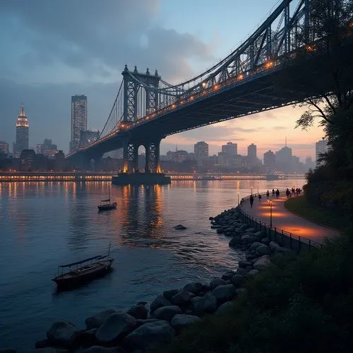 International style bridge, evening time, warm golden lighting, majestic steel arches, smooth concrete piers, gentle river flow, urban cityscape in the background, skyscrapers, modern architecture, vi