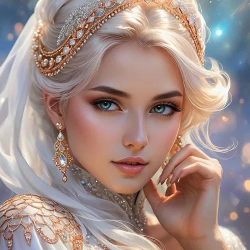 fantasy portrait,fantasy art,romantic portrait,white rose snow queen,elsa,fairy tale character,fantasy picture,mystical portrait of a girl,the snow queen,fairy queen,faery,cinderella,gold filigree,romantic look,filigree,fantasy woman,bridal jewelry,bridal,bridal accessory,golden crown,Illustration,Realistic Fantasy,Realistic Fantasy 01