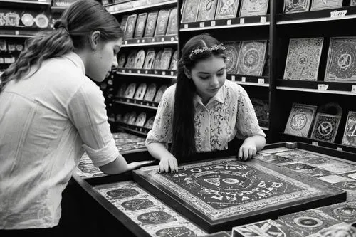 Una joven mujer de 17 años comprando en una tienda una tabla Ouija,astrologers,pachisi,boardgames,numismatists,puzzlers,ravensburger,quiltmaking,board game,knizia,conservators,puzzles,boardgame,quilte