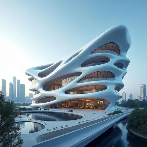 Zaha Hadid-designed architecture, futuristic form, fluid lines, deconstructivist style, curvilinear shapes, dynamic silhouette, glass and steel facades, sweeping curves, cantilevered structures, open 