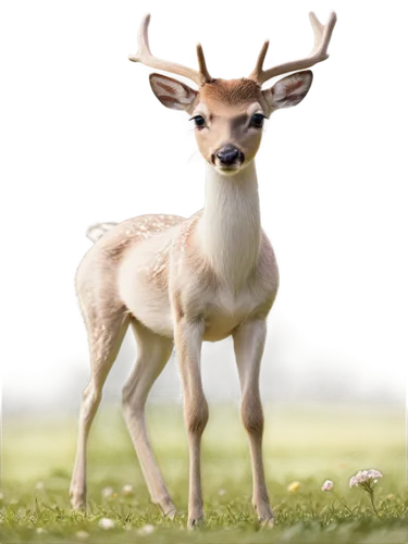 White deer, female, slender legs, brown fur, big eyes, gentle facial expression, flowers around, green grass, sunny day, soft lighting, warm atmosphere, 3/4 composition, shallow depth of field, cinema