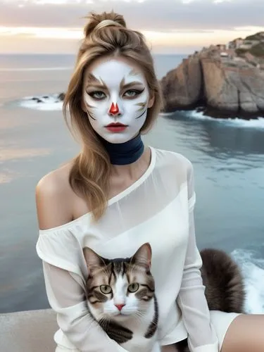 woman with cat face paint on sitting by the ocean,a woman is wearing white makeup with her cat,feline look,grizabella,cat greece,pussycat,suara,cat look,Photography,Black and white photography,Black a