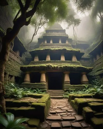 Ancient, mysterious, Kiva structure, stone walls, intricate carvings, ornate doorways, stepped pyramids, ceremonial chambers, atmospheric lighting, misty fog, jungle surroundings, vines crawling up wa