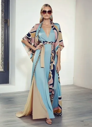 Fashion show ,a woman standing wearing a blue and beige dress,caftan,caftans,kaftan,kaftans,dvf,donatella,Photography,General,Natural