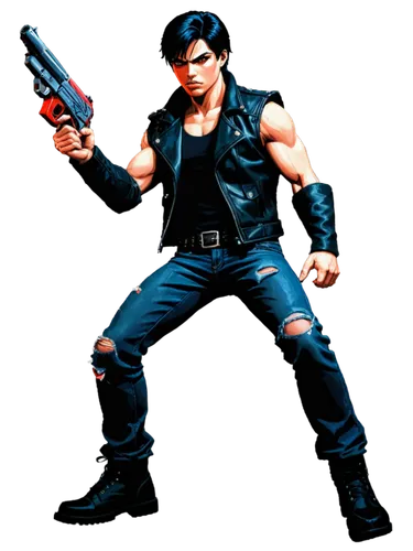 Dark themed assassin, mysterious, solo, muscular man, short black hair, red eyes, pale skin, black leather jacket, ripped jeans, combat boots, dual wielded guns, bulletproof vest, intense gaze, low an