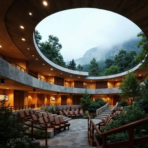 Curved amphitheater seating, tiered levels, natural stone walls, wooden accents, sound-reflecting surfaces, reverberation-enhancing design, experimental architecture, futuristic curves, gleaming metal