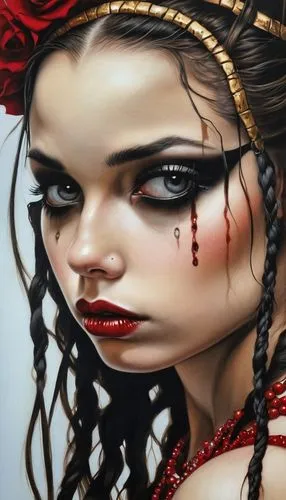 bleeding heart,fantasy art,vampire woman,gothic portrait,vampire lady,queen of hearts,seven sorrows,voodoo woman,art painting,oil painting on canvas,dark art,bleeding eyes,dripping blood,fantasy portrait,splintered,gothic woman,warrior woman,femicide,dead bride,oil painting,Illustration,Realistic Fantasy,Realistic Fantasy 10