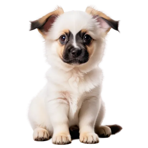 Pastor Aleman breed puppies, 3-month-old, playful, curious, fluffy white coat, black nose, floppy ears, big brown eyes, sitting, pawing, cute expression, morning sunlight, soft focus, shallow depth of