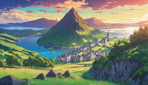 mountain world,studio ghibli,mountains,landscape background,mountain and sea,mountain landscape,mountainous landscape,mountain scene,meteora,background with stones,japanese alps,mountain,high landscape,high mountains,fantasy landscape,giant mountains,scenery,background images,mount scenery,mountain sunrise,Illustration,Japanese style,Japanese Style 03