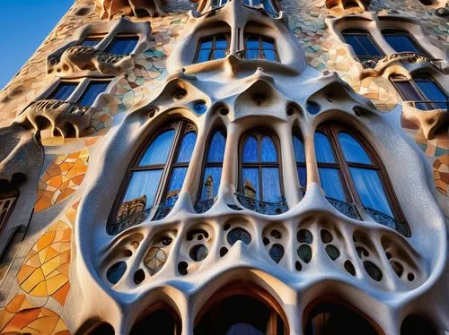 Casa Batlló, Antoni Gaudí, architecture, Sagrada Família, Barcelona, Spain, ornate façade, intricate stonework, curved lines, vibrant mosaic tiles, grandiose entrance, twisting columns, dramatic light