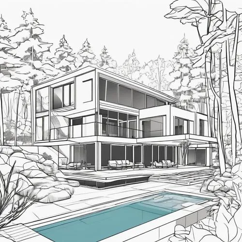 house drawing,mid century house,coloring page,pool house,houses clipart,house in the forest,modern house,coloring pages,line drawing,mid century modern,summer house,dunes house,summer line art,beach house,foliage coloring,mono-line line art,modern architecture,3d rendering,luxury property,chalet,Illustration,Black and White,Black and White 04