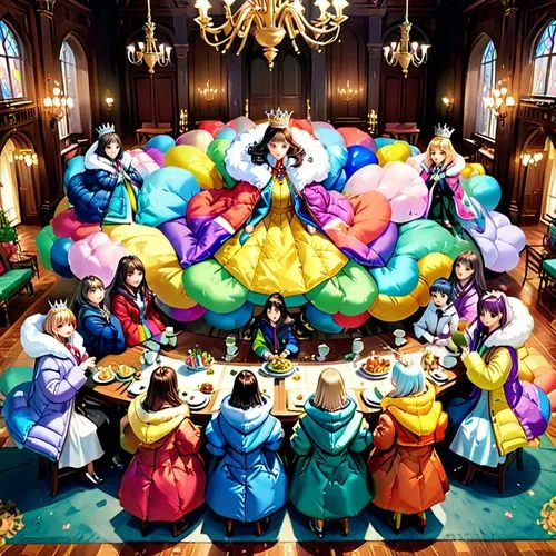 all the queens in all their colorful oversized puffy coat sit around the royal table with all the colours on them,a group of people sitting around a dining table in front of a giant pillow,cinderellas