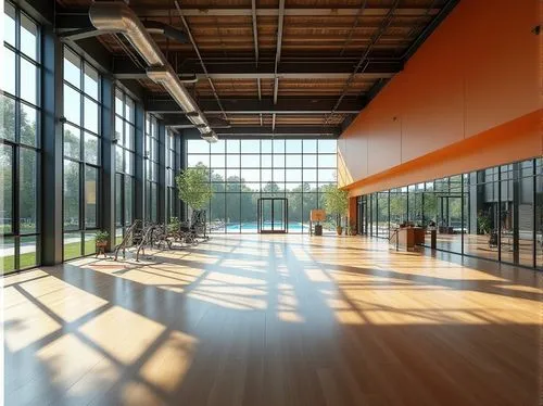 Modern suburban gymnasium, large windows, natural light, minimalist interior design, wooden flooring, steel beams, exposed ductwork, industrial chic, vibrant color accents, state-of-the-art exercise e