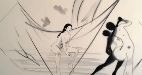 Passion Sexy Painting ,Naked Woman  Abstract Body Art Oil Painting,a black and white image of a  woman behind a curtain,rotoscoped,animatic,underdrawing,rotoscope,rotoscoping,frame drawing,underpainti