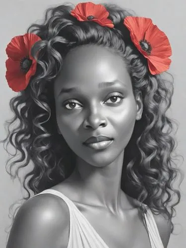 A stunning grayscale portrait of a BLACK woman with cascading wavy hair that frames her delicate face. A brilliant red poppy flower adds a vibrant contrast, nestled in her tresses. Her gaze is directe