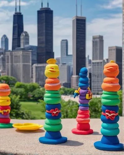 birds of chicago,chicago skyline,urban towers,scandia gnomes,scrapers,chicago,koons,tinkertoys,rock stacking,bollards,metronomes,colorful city,wooden toys,lego city,play dough,sculpture park,kaws,play doh,construction toys,game pieces,Unique,3D,Clay