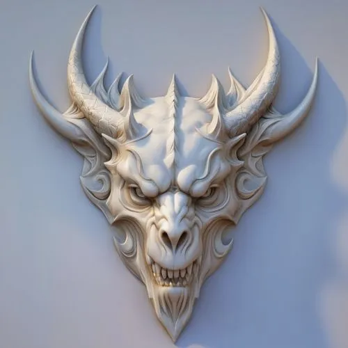 bas relief sculpture,the mask has an unusual looking face and a long horn,dragon design,tribal bull,cow horned head,3d model,horned,skull mask,Photography,General,Realistic