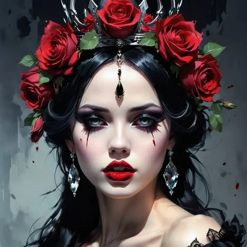 queen of hearts,black rose hip,red rose,bleeding heart,fantasy portrait,vampire lady,red roses,black rose,widow flower,geisha girl,vampire woman,porcelain rose,oriental princess,fantasy art,gothic portrait,wild roses,queen of the night,gothic woman,geisha,crowned,Conceptual Art,Fantasy,Fantasy 06