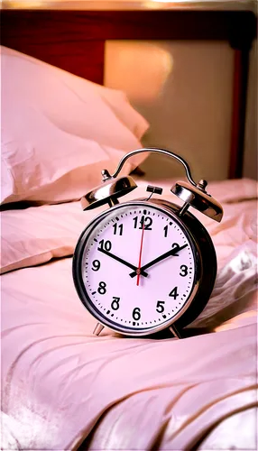 Old-fashioned alarm clock, metallic body, circular face, big numbers, loud ringing sound, morning sunlight, messy bed, rumpled sheets, wooden bedside table, warm lighting, shallow depth of field, clos