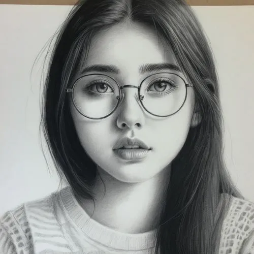 女孩，眼镜，黑色长发,a drawing of a girl wearing glasses in front of a white background,girl drawing,pencil art,girl portrait,pencil drawing,pencil drawings,charcoal pencil,Illustration,Black and White,Black an