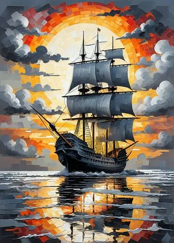 sea sailing ship,sail ship,sailing ship,galleon ship,tallship,full-rigged ship,three masted sailing ship,sailing ships,sail boat,galleon,sailing-boat,tall ship,sailing boat,sailboat,sailing vessel,pirate ship,scarlet sail,sailing,barquentine,swollen sail air,Conceptual Art,Oil color,Oil Color 10