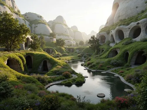 Organic blob-like structures, undulating hills, lush greenery, winding water features, natural stone pathways, futuristic architecture, curved lines, flowing forms, iridescent materials, shimmering su