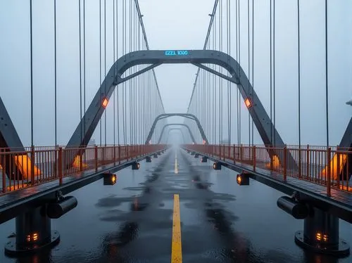 Futuristic suspension bridge, asymmetrical design, cables and suspender systems, sleek metal railings, LED lighting, misty atmospheric conditions, foggy morning, steel arches, cantilevered sections, k