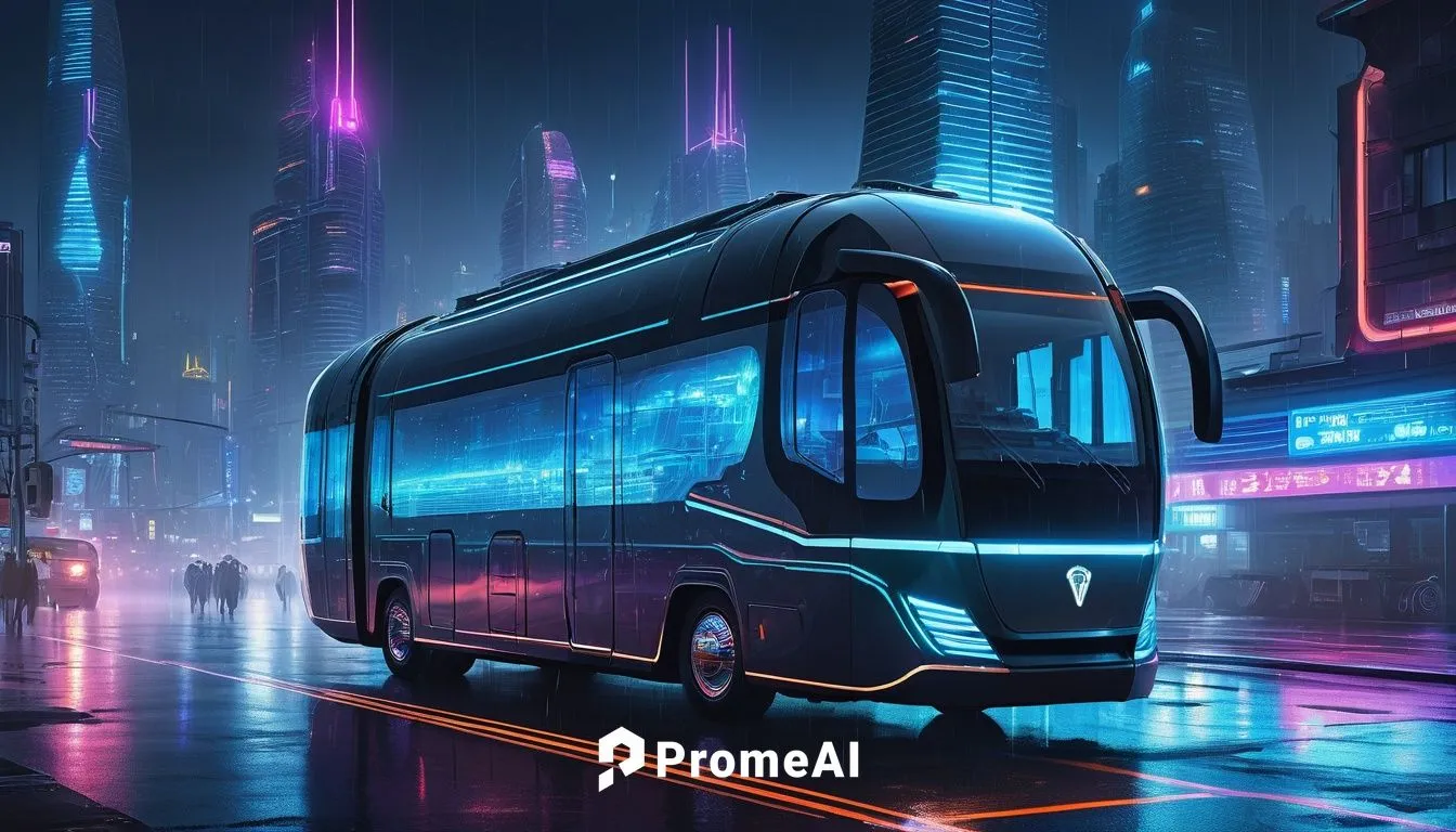 Futuristic RV, sleek metallic body, glowing blue lines, advanced AI system, holographic display, circular cockpit, pilot seat, complex wires, neon lights, night cityscape, skyscrapers, busy streets, r