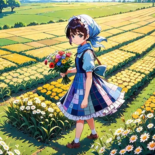 field of flowers,flower field,blooming field,nanako,flowers field,daffodil field,picking flowers,gingham flowers,girl picking flowers,sea of flowers,megumi,minako,spring background,blanket of flowers,springtime background,flower background,tulip field,holding flowers,girl in flowers,daffodils,Anime,Anime,Realistic